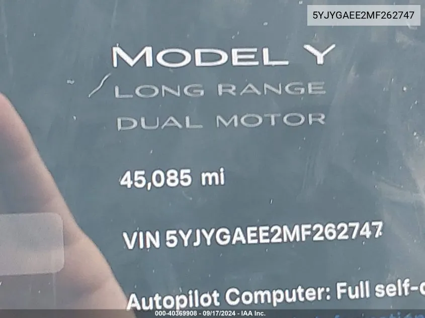 2021 Tesla Model Y Long Range Dual Motor All-Wheel Drive VIN: 5YJYGAEE2MF262747 Lot: 40369908