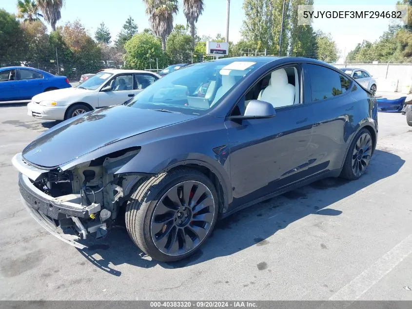 2021 Tesla Model Y Performance Dual Motor All-Wheel Drive VIN: 5YJYGDEF3MF294682 Lot: 40383320