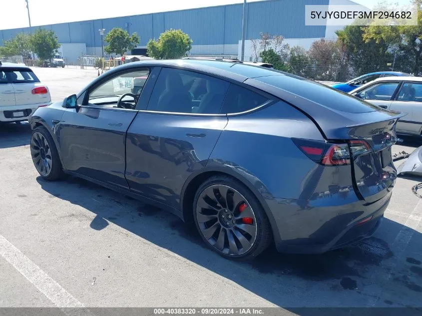 2021 Tesla Model Y Performance Dual Motor All-Wheel Drive VIN: 5YJYGDEF3MF294682 Lot: 40383320