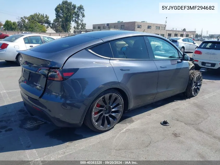 2021 Tesla Model Y Performance Dual Motor All-Wheel Drive VIN: 5YJYGDEF3MF294682 Lot: 40383320