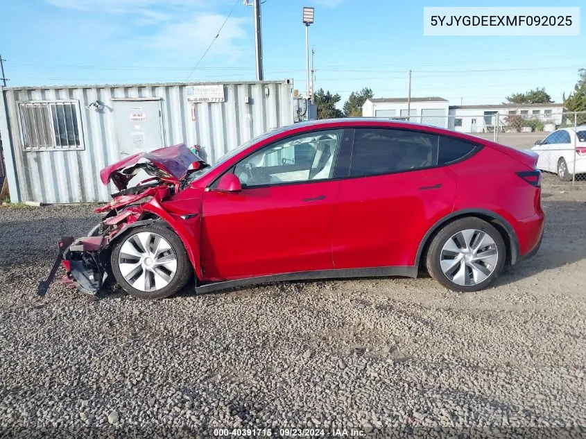 2021 Tesla Model Y VIN: 5YJYGDEEXMF092025 Lot: 40391715