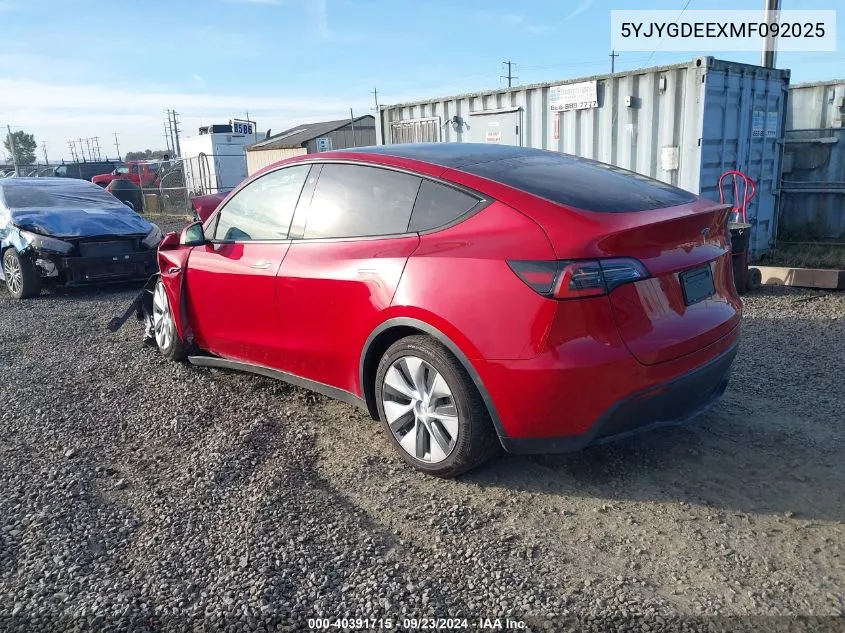 2021 Tesla Model Y VIN: 5YJYGDEEXMF092025 Lot: 40391715