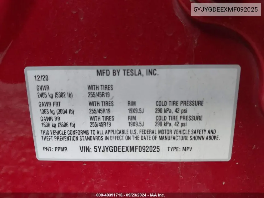 5YJYGDEEXMF092025 2021 Tesla Model Y