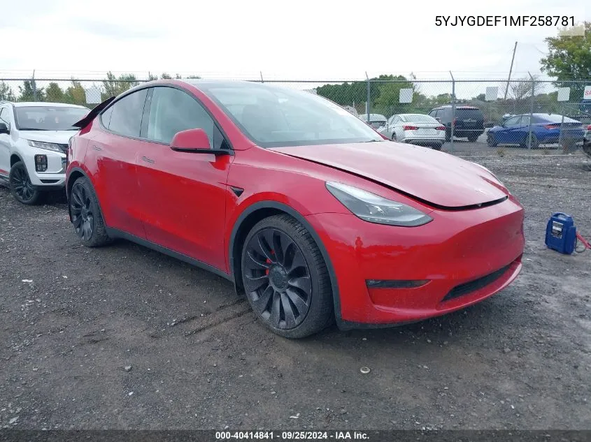 2021 Tesla Model Y Performance Dual Motor All-Wheel Drive VIN: 5YJYGDEF1MF258781 Lot: 40414841