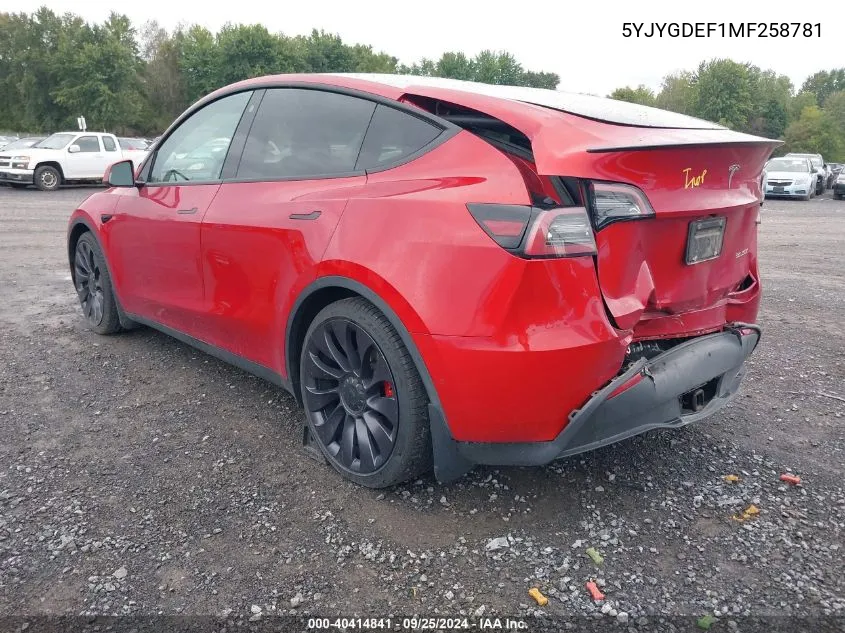 2021 Tesla Model Y Performance Dual Motor All-Wheel Drive VIN: 5YJYGDEF1MF258781 Lot: 40414841