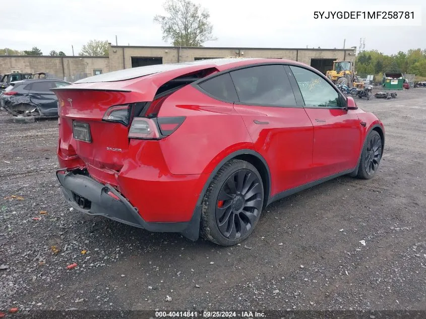 2021 Tesla Model Y Performance Dual Motor All-Wheel Drive VIN: 5YJYGDEF1MF258781 Lot: 40414841