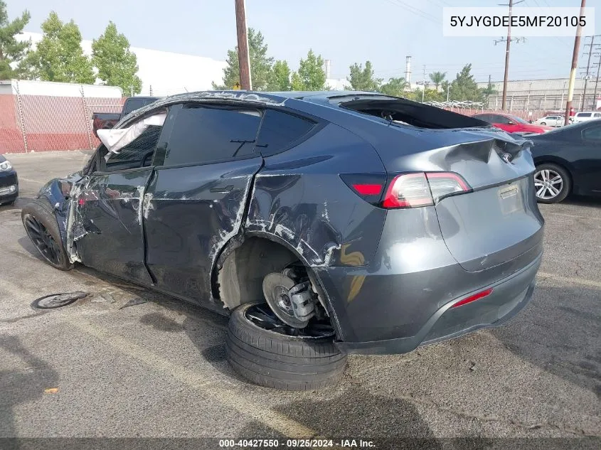 2021 Tesla Model Y Long Range Dual Motor All-Wheel Drive VIN: 5YJYGDEE5MF20105 Lot: 40427550