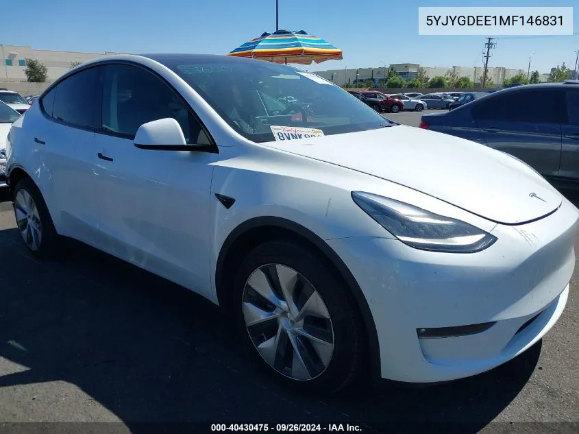 2021 Tesla Model Y Long Range Dual Motor All-Wheel Drive VIN: 5YJYGDEE1MF146831 Lot: 40430475