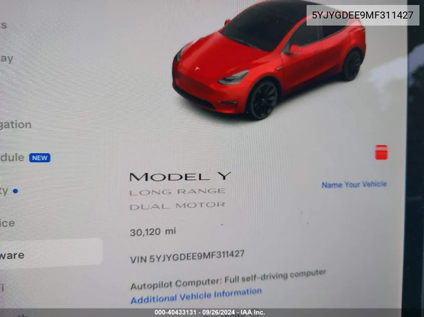 2021 Tesla Model Y Long Range Dual Motor All-Wheel Drive VIN: 5YJYGDEE9MF311427 Lot: 40433131