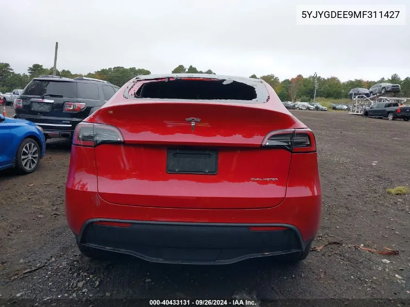 2021 Tesla Model Y Long Range Dual Motor All-Wheel Drive VIN: 5YJYGDEE9MF311427 Lot: 40433131