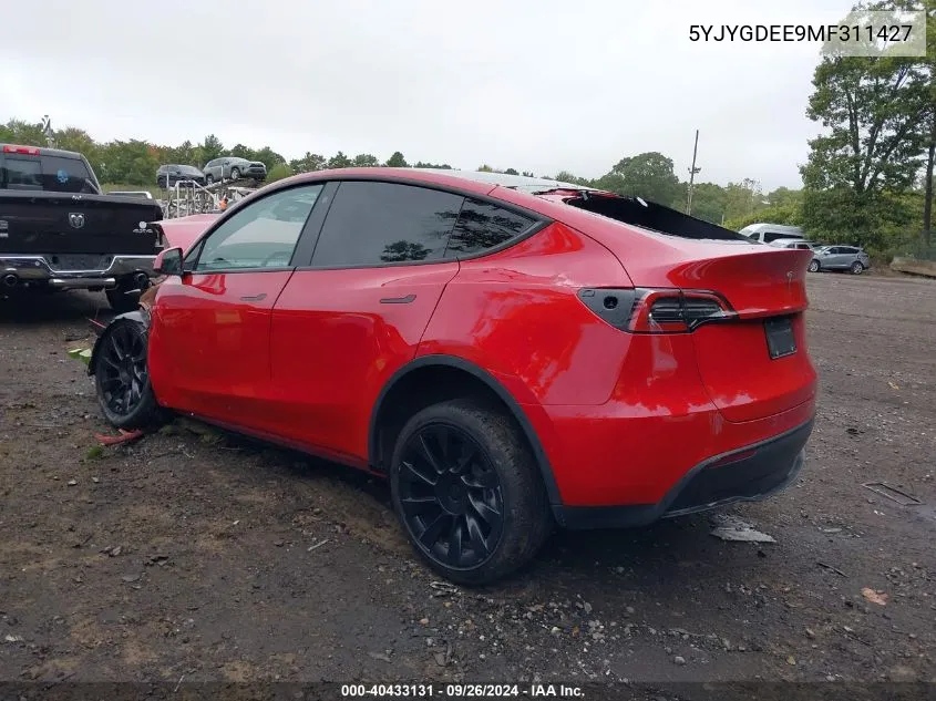 2021 Tesla Model Y Long Range Dual Motor All-Wheel Drive VIN: 5YJYGDEE9MF311427 Lot: 40433131