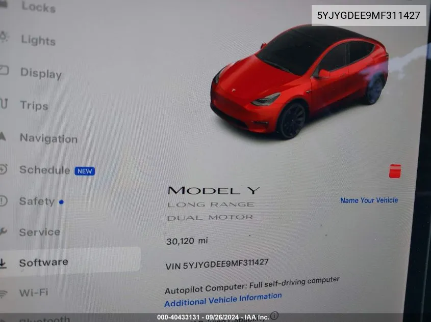 2021 Tesla Model Y Long Range Dual Motor All-Wheel Drive VIN: 5YJYGDEE9MF311427 Lot: 40433131