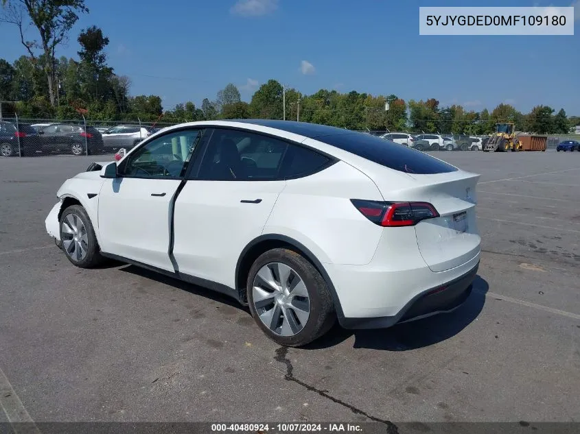 2021 Tesla Model Y Standard Range Rear-Wheel Drive VIN: 5YJYGDED0MF109180 Lot: 40480924