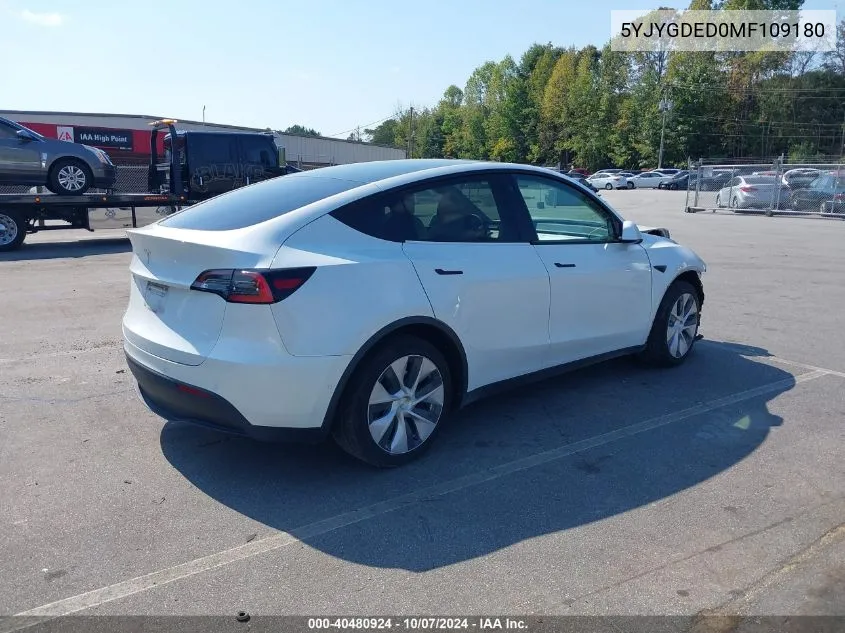 2021 Tesla Model Y Standard Range Rear-Wheel Drive VIN: 5YJYGDED0MF109180 Lot: 40480924