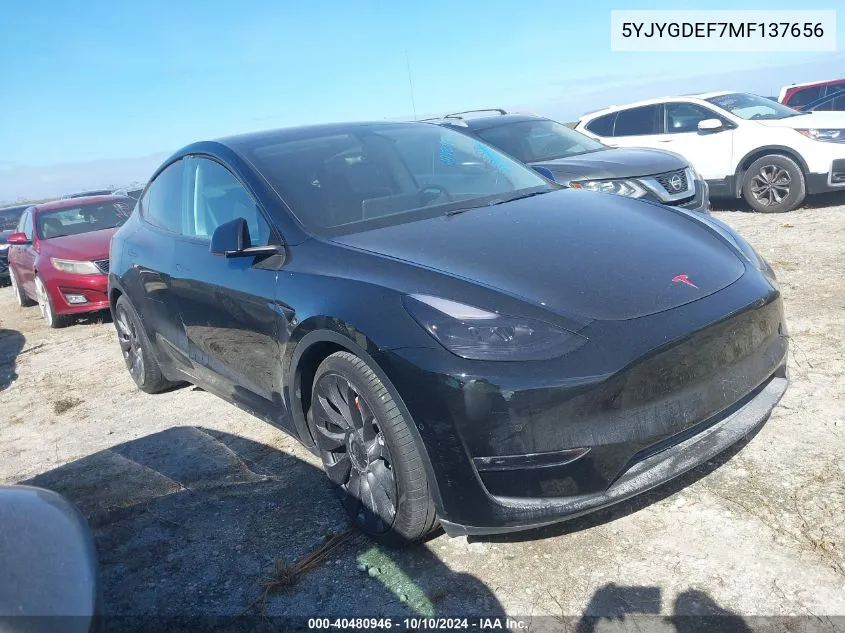 2021 Tesla Model Y VIN: 5YJYGDEF7MF137656 Lot: 40480946