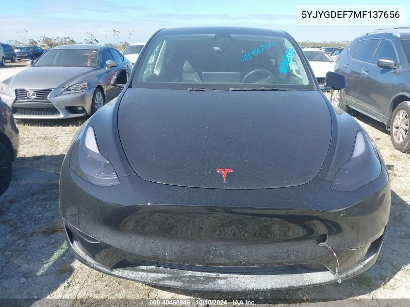 2021 Tesla Model Y VIN: 5YJYGDEF7MF137656 Lot: 40480946