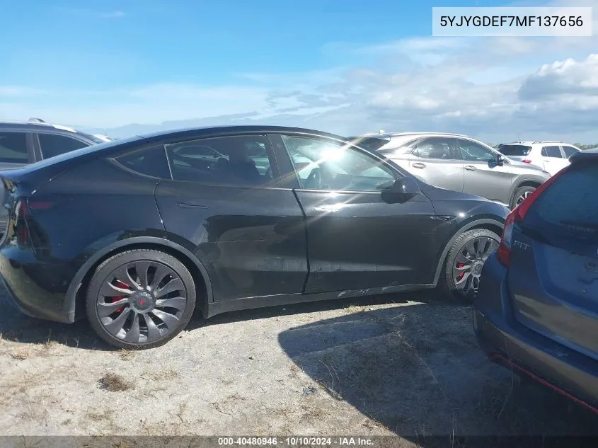 2021 Tesla Model Y VIN: 5YJYGDEF7MF137656 Lot: 40480946