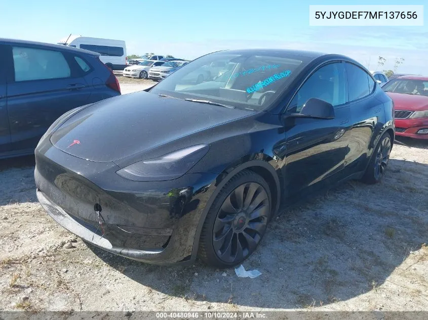 2021 Tesla Model Y VIN: 5YJYGDEF7MF137656 Lot: 40480946