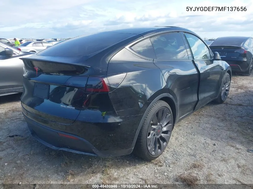 2021 Tesla Model Y VIN: 5YJYGDEF7MF137656 Lot: 40480946