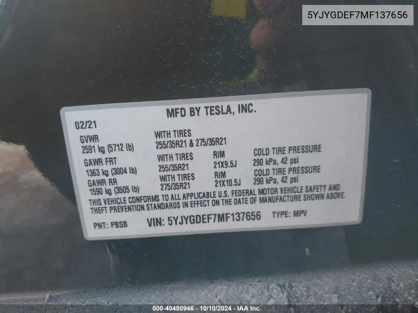 2021 Tesla Model Y VIN: 5YJYGDEF7MF137656 Lot: 40480946