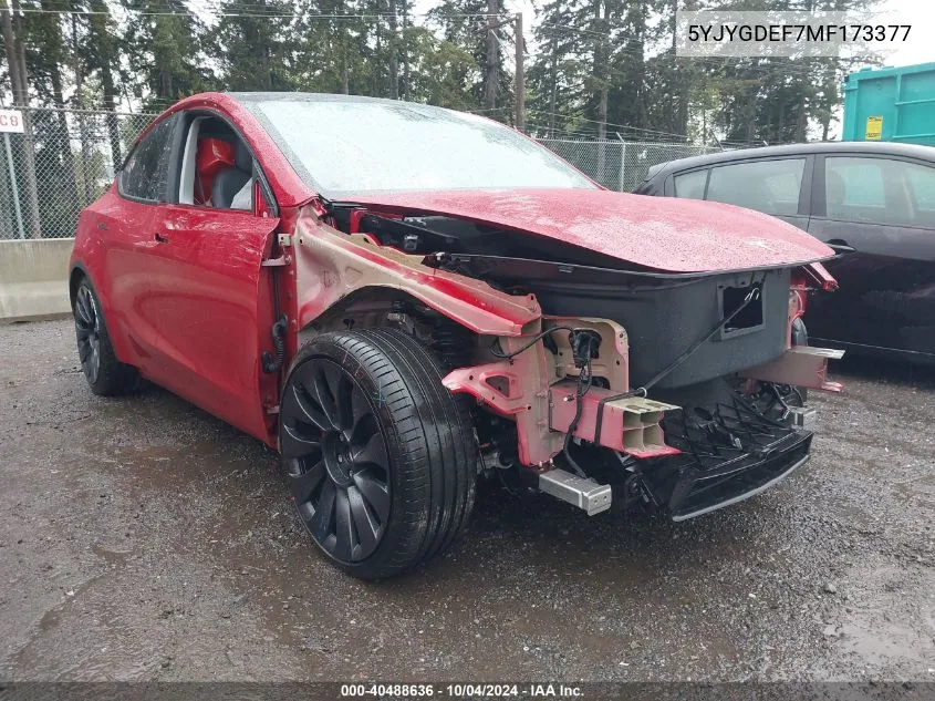 2021 Tesla Model Y Performance Dual Motor All-Wheel Drive VIN: 5YJYGDEF7MF173377 Lot: 40488636