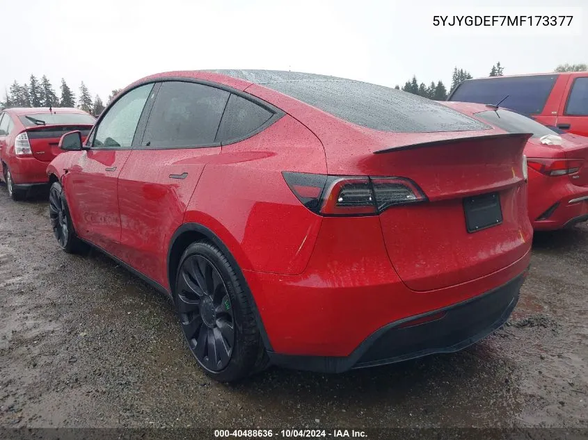 2021 Tesla Model Y Performance Dual Motor All-Wheel Drive VIN: 5YJYGDEF7MF173377 Lot: 40488636