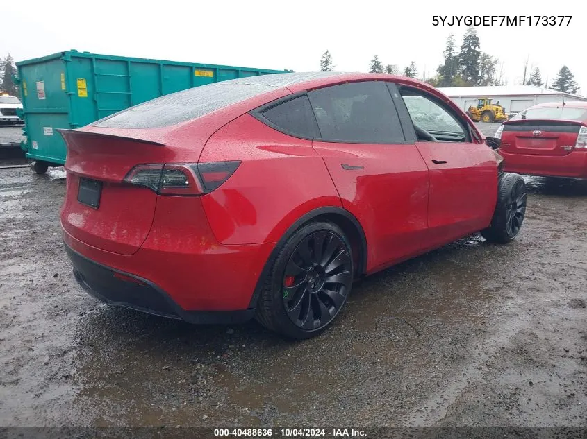 2021 Tesla Model Y Performance Dual Motor All-Wheel Drive VIN: 5YJYGDEF7MF173377 Lot: 40488636