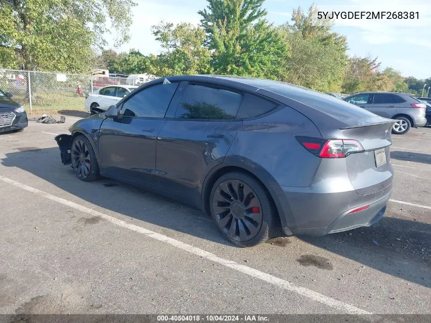 2021 Tesla Model Y Performance Dual Motor All-Wheel Drive VIN: 5YJYGDEF2MF268381 Lot: 40504018