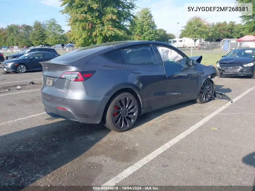 2021 Tesla Model Y Performance Dual Motor All-Wheel Drive VIN: 5YJYGDEF2MF268381 Lot: 40504018