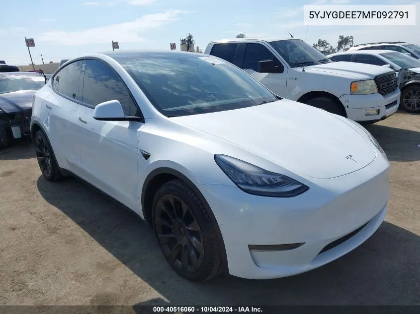 2021 Tesla Model Y Long Range Dual Motor All-Wheel Drive VIN: 5YJYGDEE7MF092791 Lot: 40516060