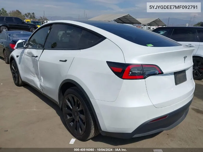 2021 Tesla Model Y Long Range Dual Motor All-Wheel Drive VIN: 5YJYGDEE7MF092791 Lot: 40516060