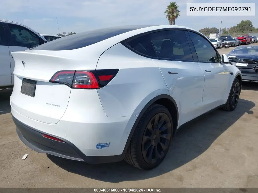 2021 Tesla Model Y Long Range Dual Motor All-Wheel Drive VIN: 5YJYGDEE7MF092791 Lot: 40516060