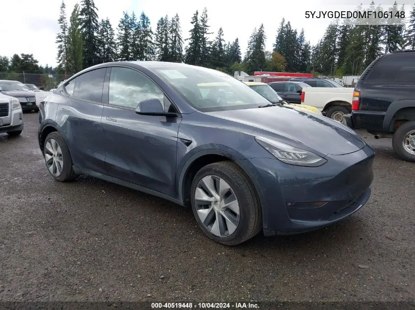 2021 Tesla Model Y Standard Range Rear-Wheel Drive VIN: 5YJYGDED0MF106148 Lot: 40519448