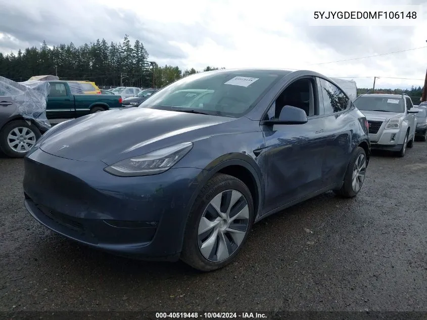 2021 Tesla Model Y Standard Range Rear-Wheel Drive VIN: 5YJYGDED0MF106148 Lot: 40519448