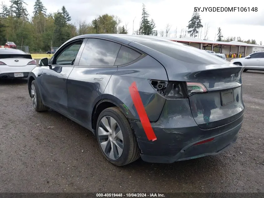 2021 Tesla Model Y Standard Range Rear-Wheel Drive VIN: 5YJYGDED0MF106148 Lot: 40519448