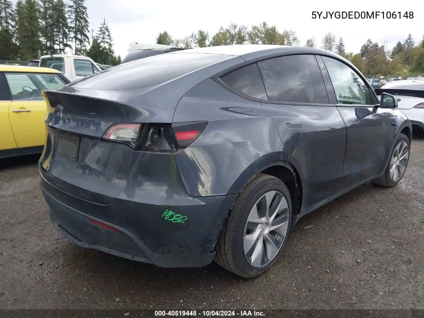 2021 Tesla Model Y Standard Range Rear-Wheel Drive VIN: 5YJYGDED0MF106148 Lot: 40519448