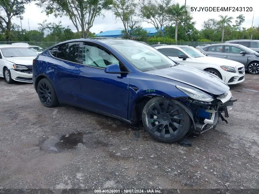 2021 Tesla Model Y Long Range Dual Motor All-Wheel Drive VIN: 5YJYGDEE4MF243120 Lot: 40526001