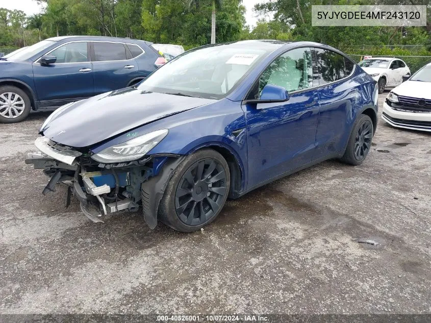 2021 Tesla Model Y Long Range Dual Motor All-Wheel Drive VIN: 5YJYGDEE4MF243120 Lot: 40526001