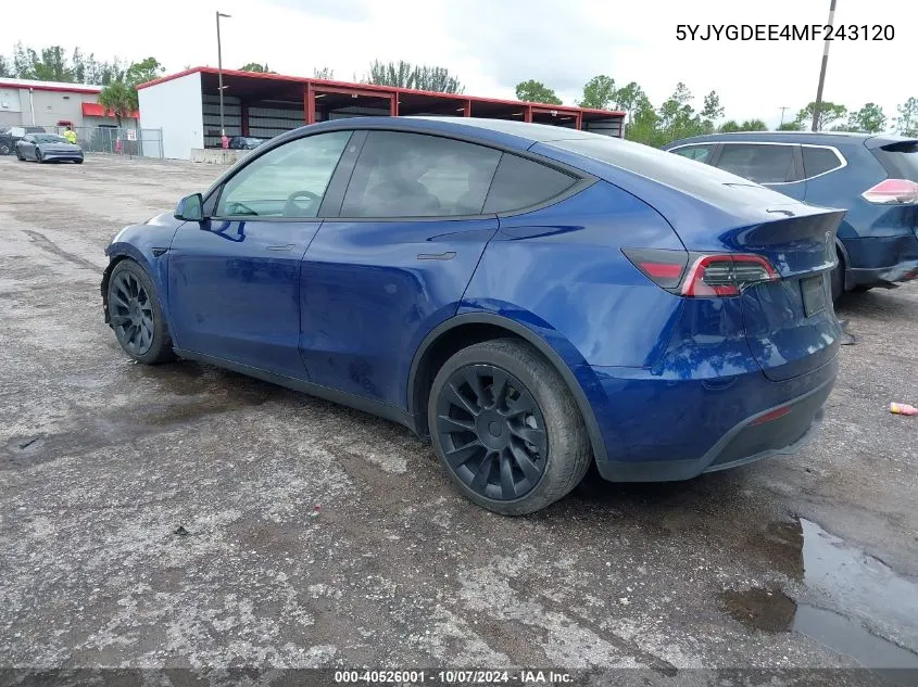 2021 Tesla Model Y Long Range Dual Motor All-Wheel Drive VIN: 5YJYGDEE4MF243120 Lot: 40526001