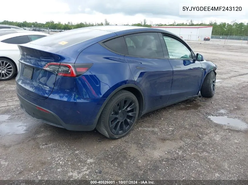 2021 Tesla Model Y Long Range Dual Motor All-Wheel Drive VIN: 5YJYGDEE4MF243120 Lot: 40526001