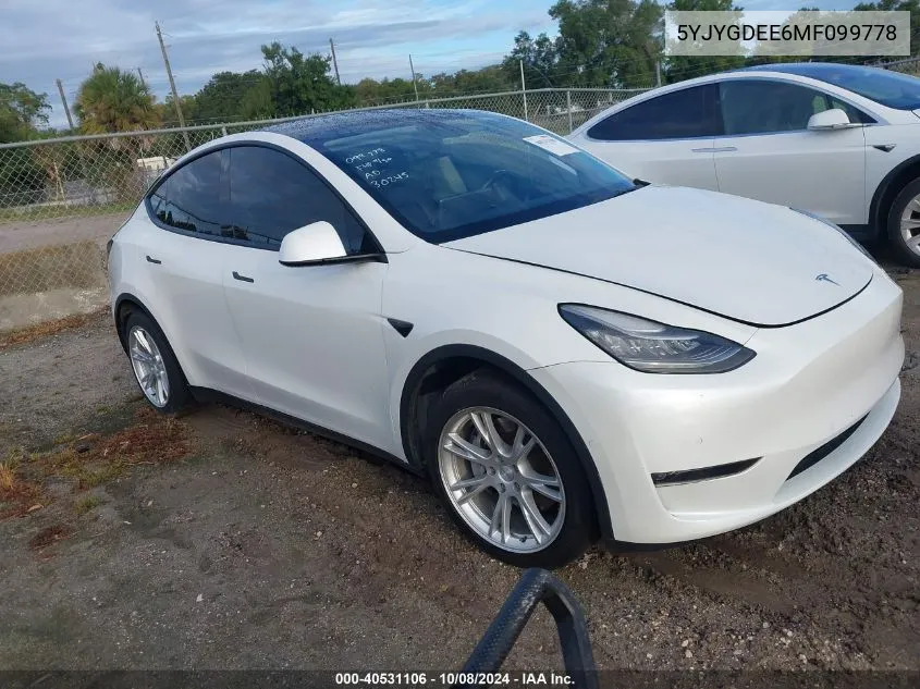 2021 Tesla Model Y VIN: 5YJYGDEE6MF099778 Lot: 40531106