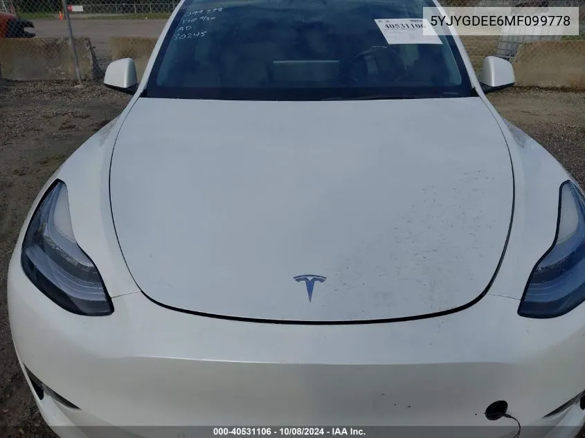 2021 Tesla Model Y VIN: 5YJYGDEE6MF099778 Lot: 40531106