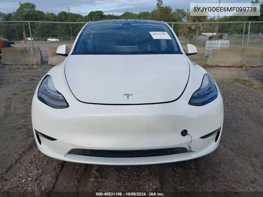 2021 Tesla Model Y VIN: 5YJYGDEE6MF099778 Lot: 40531106