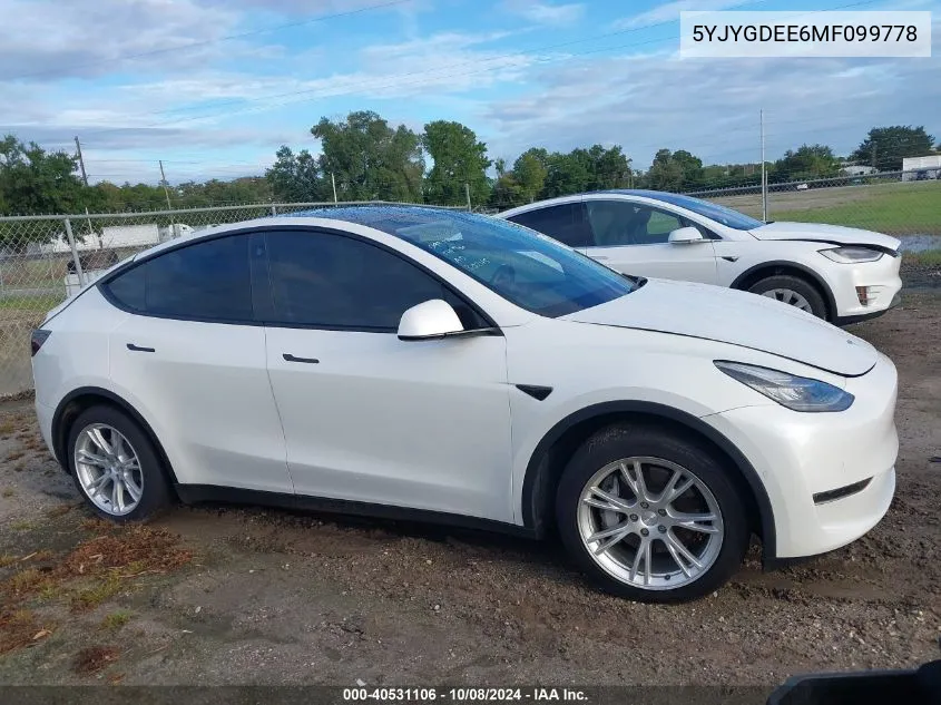 2021 Tesla Model Y VIN: 5YJYGDEE6MF099778 Lot: 40531106