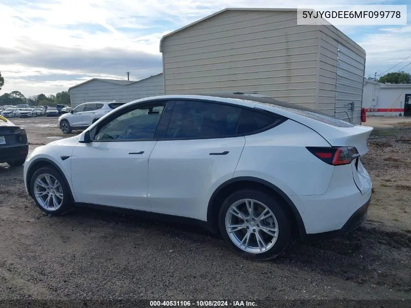 2021 Tesla Model Y VIN: 5YJYGDEE6MF099778 Lot: 40531106