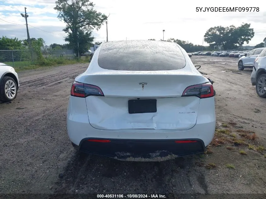 2021 Tesla Model Y VIN: 5YJYGDEE6MF099778 Lot: 40531106