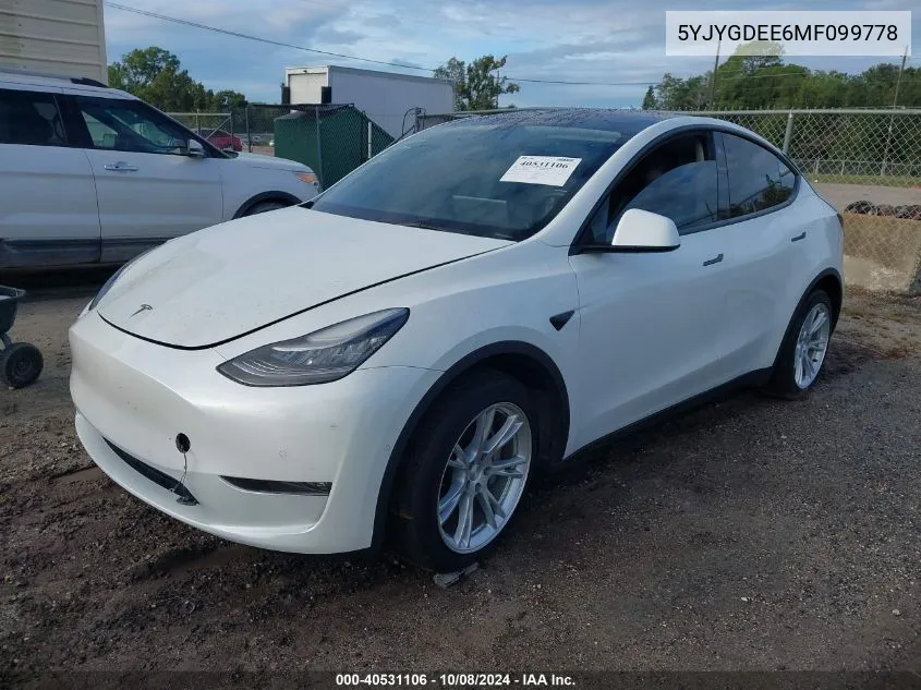 2021 Tesla Model Y VIN: 5YJYGDEE6MF099778 Lot: 40531106