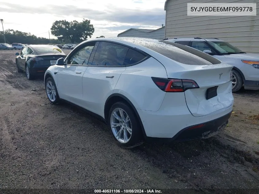 2021 Tesla Model Y VIN: 5YJYGDEE6MF099778 Lot: 40531106