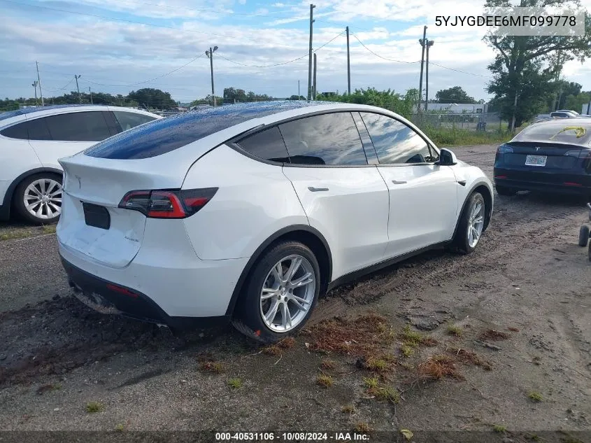 2021 Tesla Model Y VIN: 5YJYGDEE6MF099778 Lot: 40531106