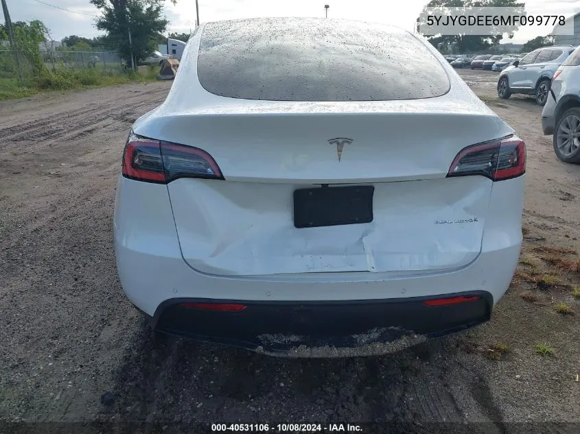 2021 Tesla Model Y VIN: 5YJYGDEE6MF099778 Lot: 40531106